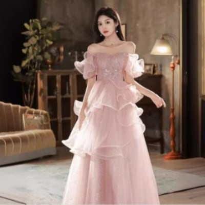 フランス式ピンクのイブニングドレス結婚式ドレス ロング 個性的 パーティードレス お呼ばれ Aライン レース レディース ワンピース 大人 結婚式 披露宴 演奏会 ホスト パーティー