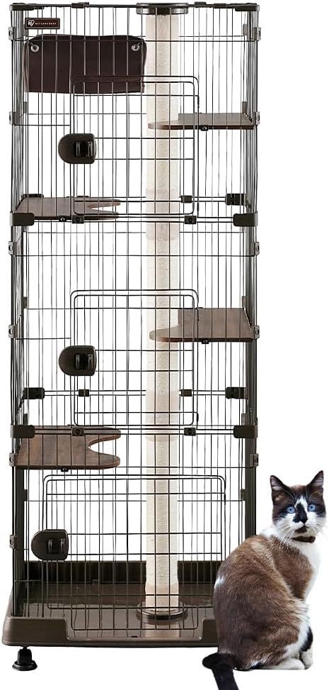 キャットタワー付ケージ スリム ダークブラウン 猫用 高さ169×幅69×奥行54.5cm PCLC-703