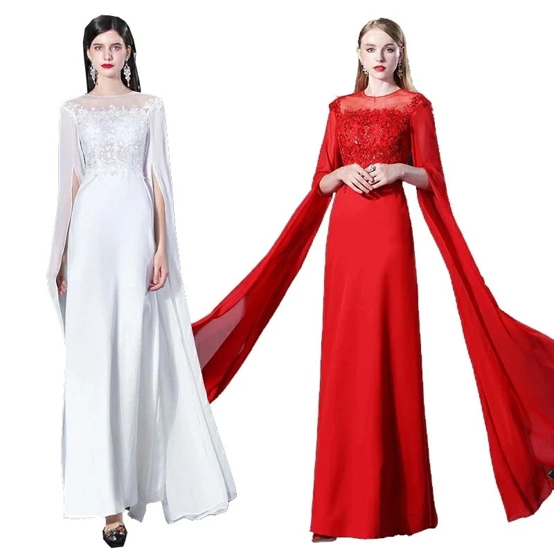 カラードレス レッド ホワイト ファスナー パーティードレス フォーマルドレス ロングドレス スレンダードレス 結婚式 二次会 発表会 スリットスリーブ シフォン ゲストドレス ブライダル ウエディン