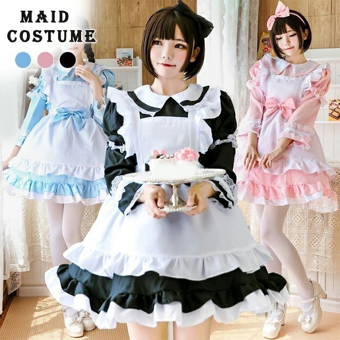 【大人気N0.1】メイド服 可愛い ロリータ コスプレ長袖 フリル セクシー ハロウィン 衣装 大人 レディース エプロン 黒 スカート ワンピース カチューシャ リボン 仮装 変装 女子 ピンク コ