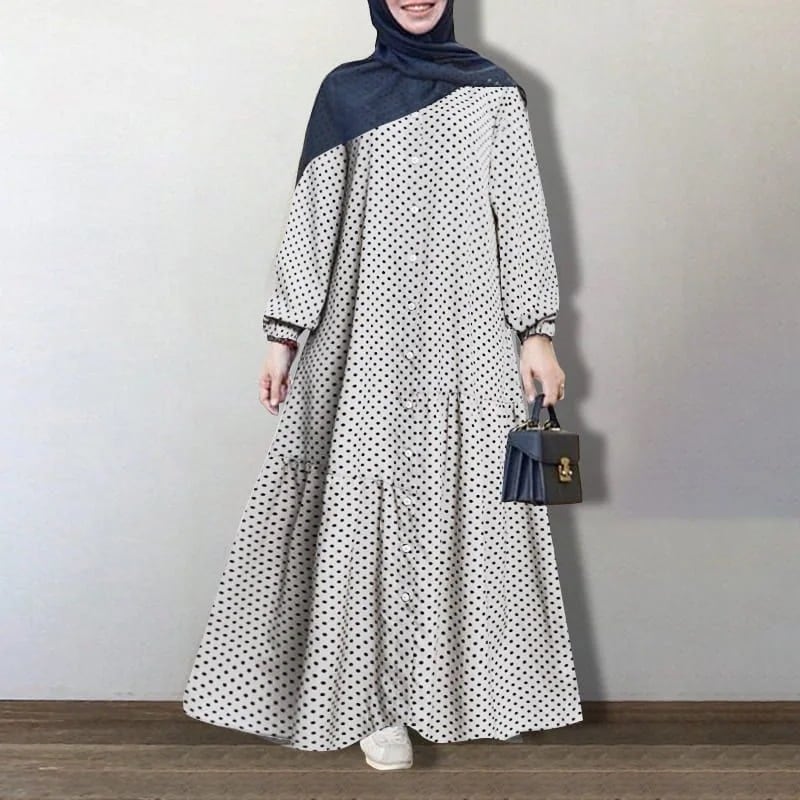 ワンピースワンピロングワンピフレアワンピースレディースミモレ丈フレア長袖スプライス水玉柄おしゃれきれいめ体型カバー