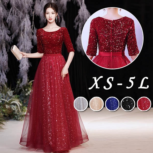 ドレス ロングドレス 演奏会 5分袖 袖あり キラキラ ラウンドネック ゴージャス 華やか ロング丈 ピアノ 発表会 母親 結婚式 XS 大きいサイズ 5L 体型カバー 謝恩会 卒業式 ワインレッド