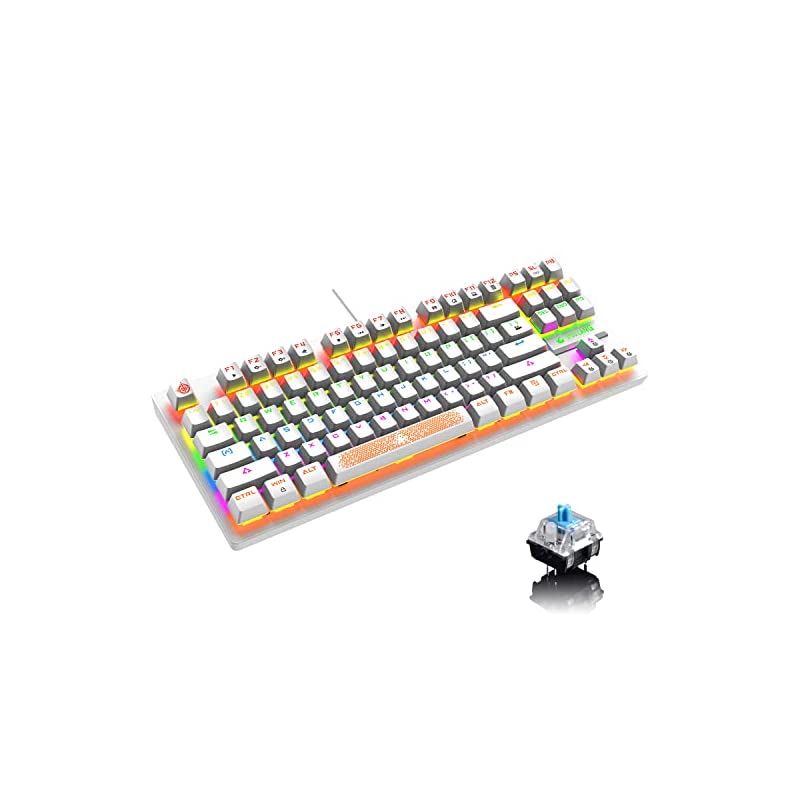 ゲーミングキーボード 白色 青軸 防水87キー防衝突 8RGB発光LEDバックライト付 人間工学設計