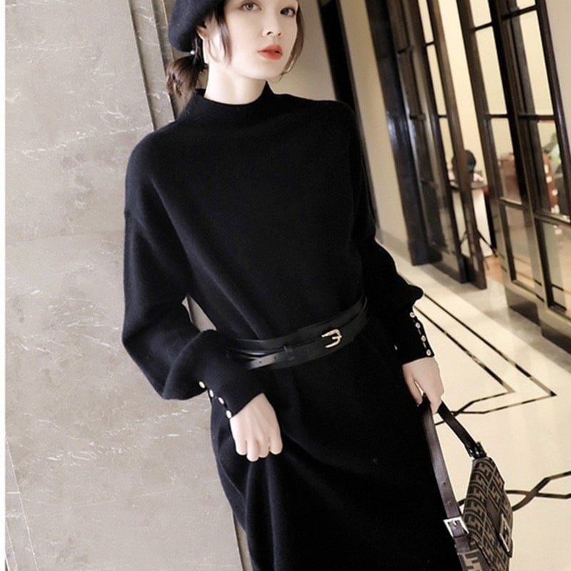 春のワンピース気質着痩せニットワンピーススリミングセーターワンピースおしゃれエレガント秋春ロングワンピース