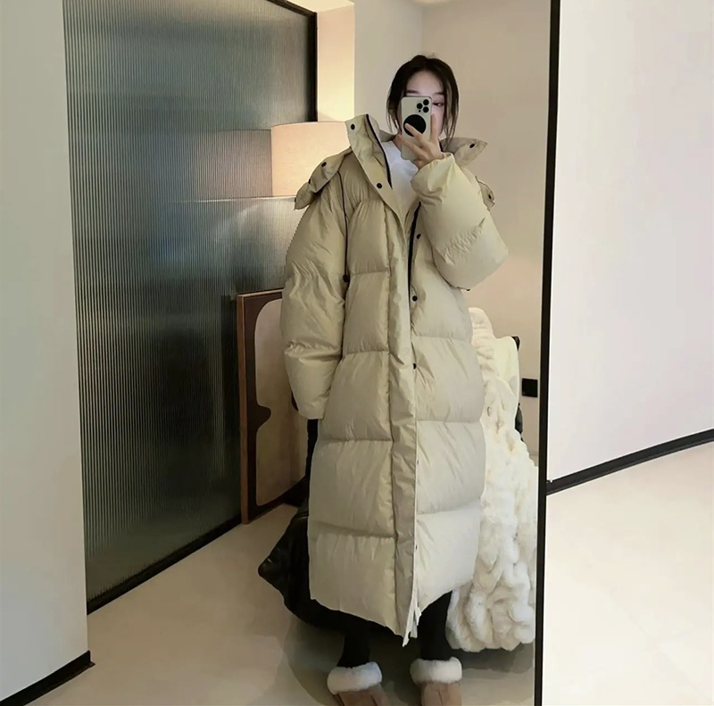 冬用女性用フード付きロングホワイトダックダウンジャケット新しい厚みのある暖かい大きなキルト膝上のカップルコート