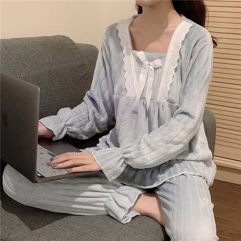 2color 長袖きれいめレースフリルリボンセットアップ ルームウェアパジャマ上下2点セット