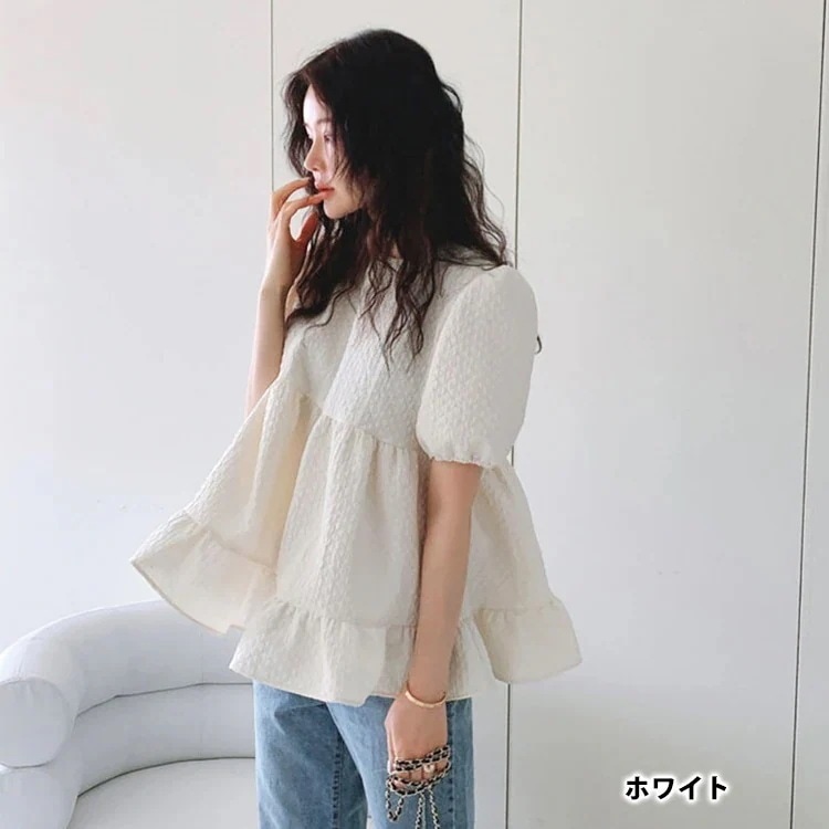 超,高評価4カラー パフスリーブ ペプラム トップス 春 夏 レディース 二の腕カバー パフ袖 バルーン袖 半袖