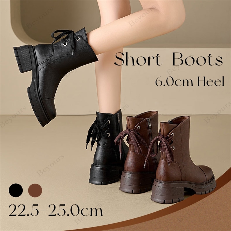 厚底ブーツ レースアップブーツ ショートブーツ シューズ 靴 くつ 履物 ショート丈 レディース 秋 冬 美脚 疲れない 歩きやすい 足が痛くならない 厚底 太ヒール 通学 通勤 秋冬 6cm Hee