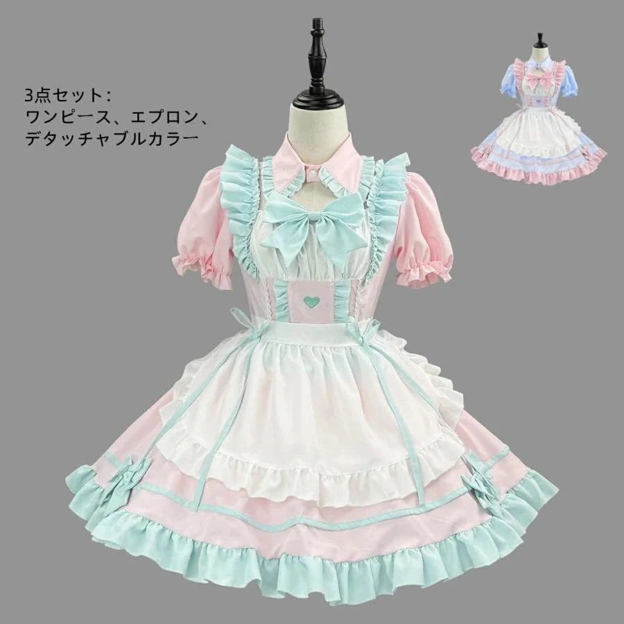 ワンピース メイド服 コスプレ 半袖ドレス エプロン パニエ追加可 ソフトガール 喫茶店 Lolita ロリータ