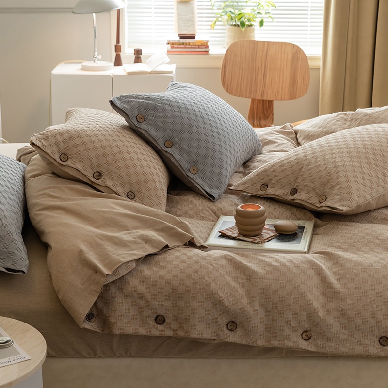 ワッフル4点セット 純綿ベッドシーツ キルトカバー 北欧風 グレー シンプル ライト 高級スタイル 高級寝具
