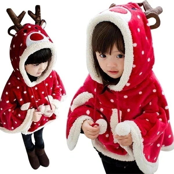 サンタキッズ・ベビー女の子 あったかボアドット柄 コスプレパーティー用！ マント付きサンタ服 サンタコスム