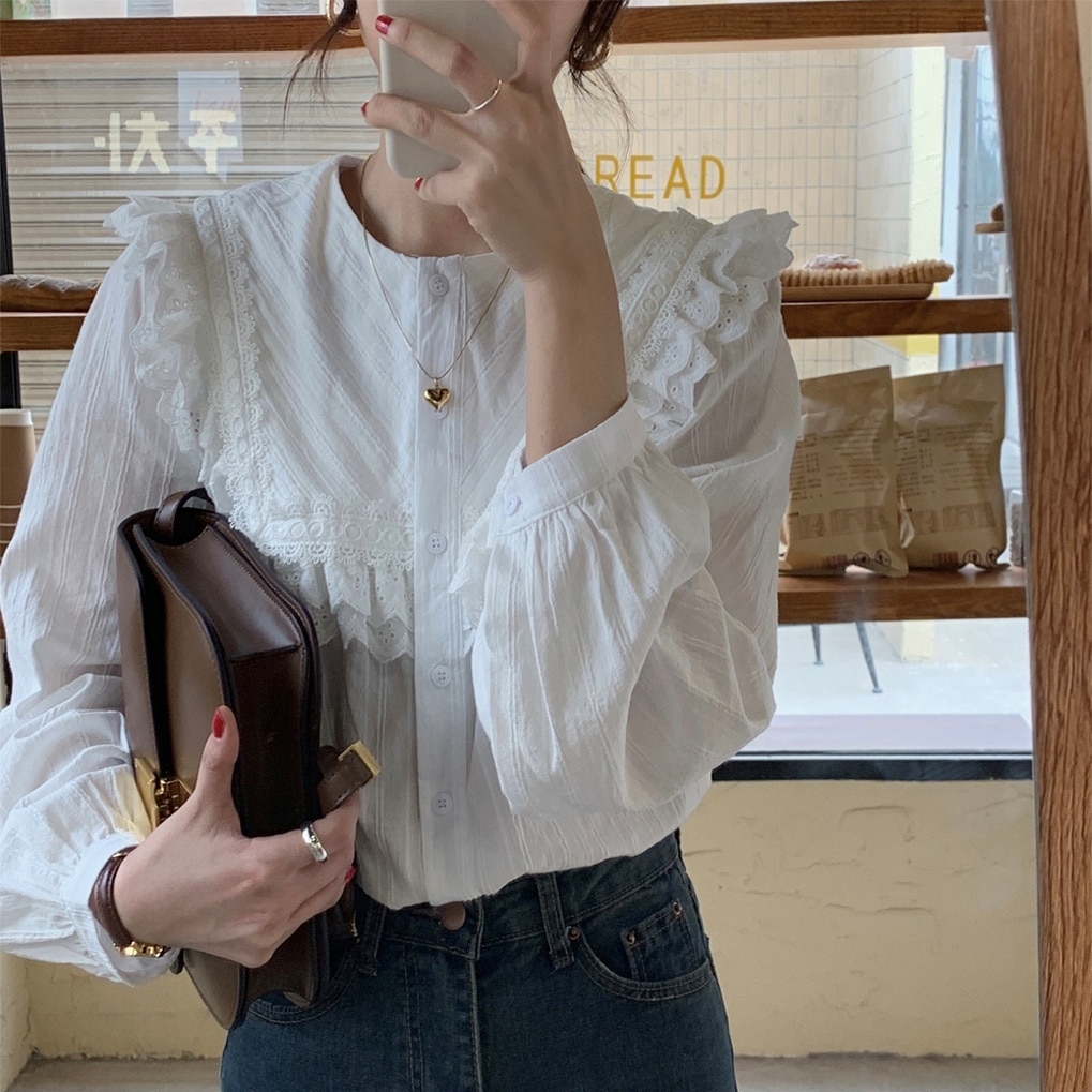 トップス ブラウス 長袖 ラウンドネック フリル コットン かわいい 無地 春 秋 着回し 韓国系