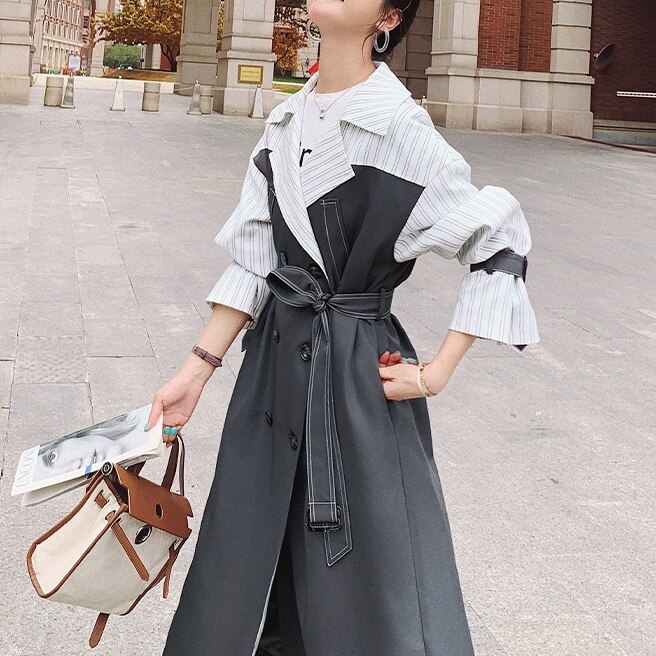 レディース アウター コート ロングコート トレンチコート 切り替えデザイン ストライプ