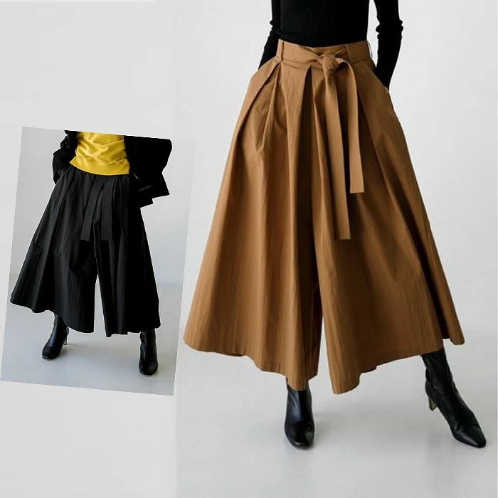 激安セール キュロットスカート　ゆったりフレア　タック　ミモレ丈　ベージュ　ブラック　sk-2501-5