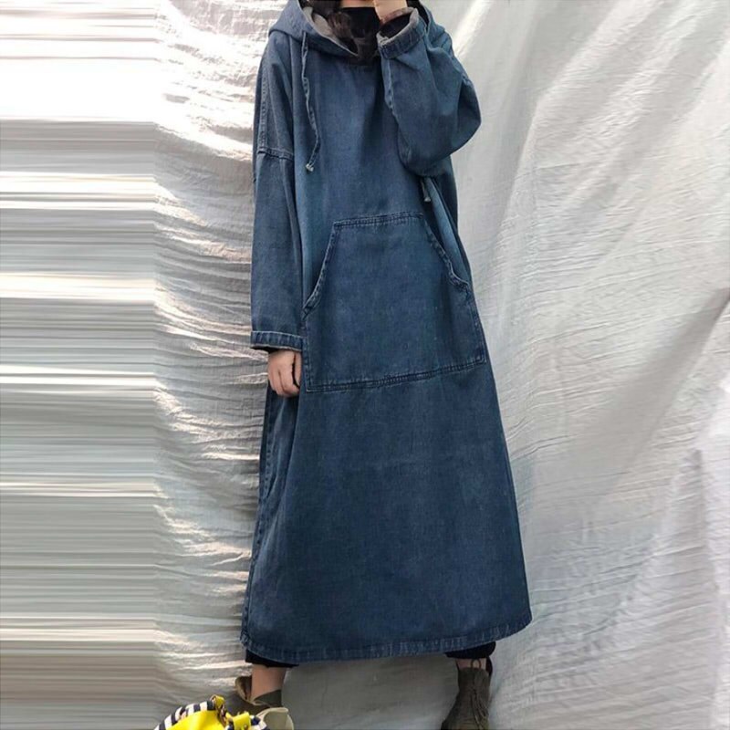 大きいサイズ 長袖 フード付き ロング丈 デニムワンピース すね丈 Aライン 春 ゆったり 無地 母の日