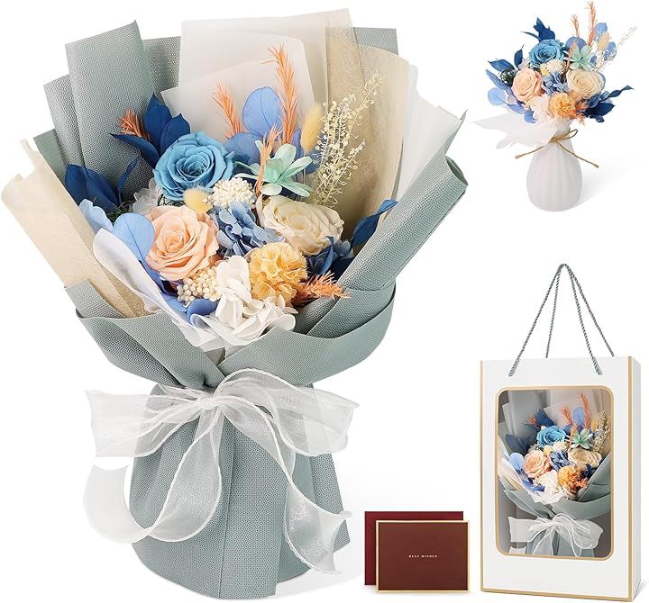 プリザーブドフラワー 枯れない花 花束 薔薇 香りあり 花瓶付き 誕生日 記念日 バレンタイン 卒業式 ホワイトデー お返し 女性 人気 ブーケ(オレンジブルー)