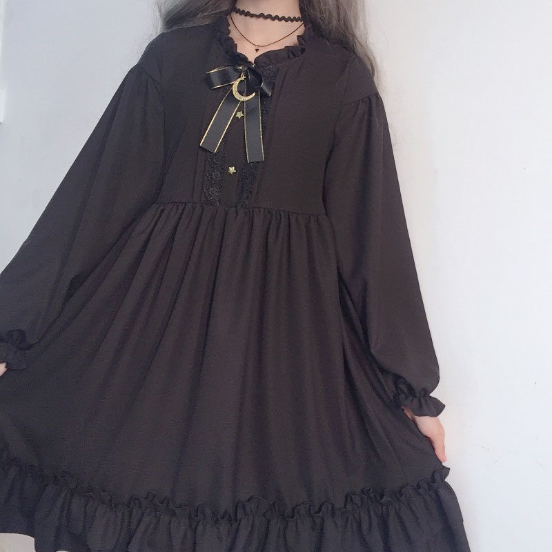 カワイイゴシックロリータドレスかわいい妖精モールゴスブラックパーティードレス長袖フリルダークアカ