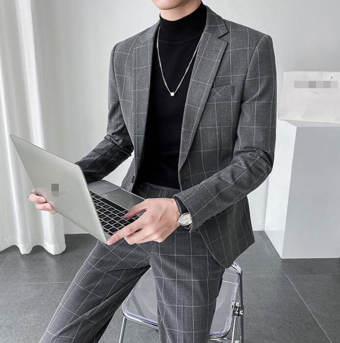 お買い得【高品質】メンズスーツ 一つボダン 3色 2点セット 韓国風 簡潔 格好いい チェック柄 男性用 ビジネス セレモニースーツ フォーマル スリム パーティー サラリーマン 結婚式 卒業式 紳士