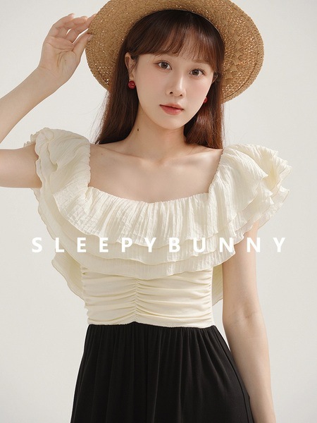 スリーピーラビットレトロブラックアプリコットコントラストカラースリミングドレス