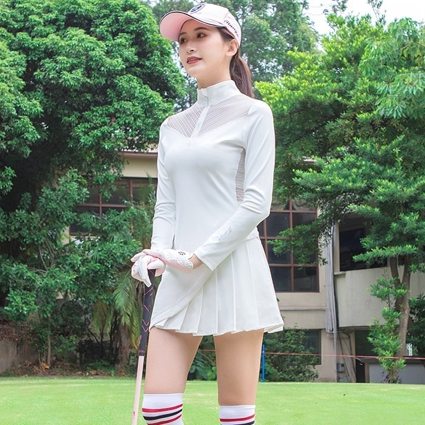 2点セット セットアップ ゴルフウェア スポーツウエア 速乾性 ストレッチ トップス 長袖 ハイネック ハーフジップ ミディアム丈 プルオーバー シースルー スカート ミニスカート アシンメトリー
