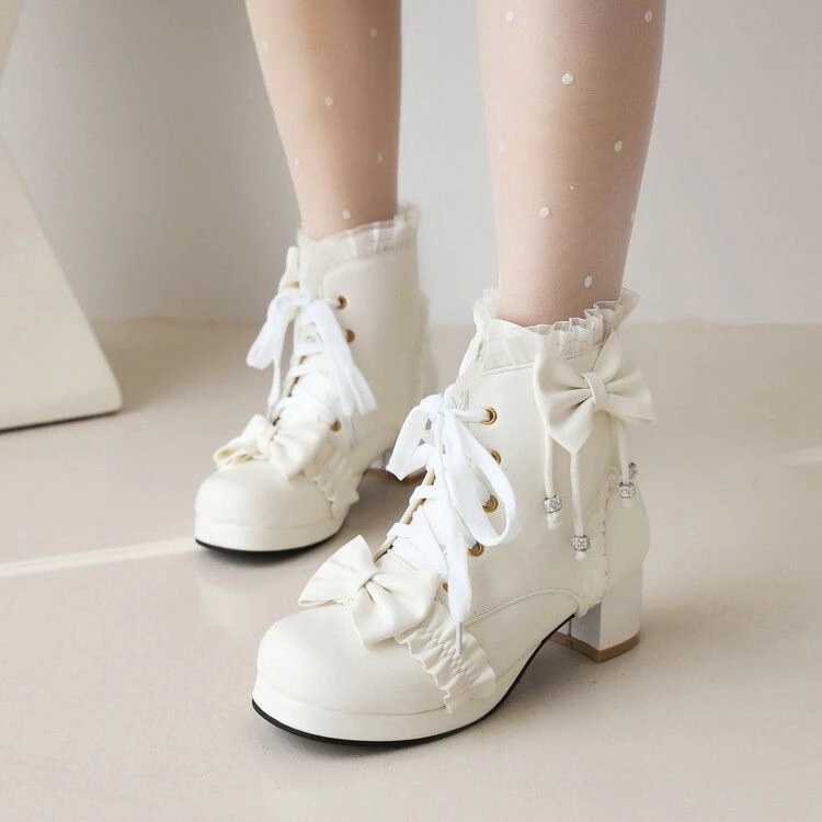 ローシューズ レディース ショートブーツ ロリータ リボン ハイヒール ロリータ 秋冬 プラスベルベット