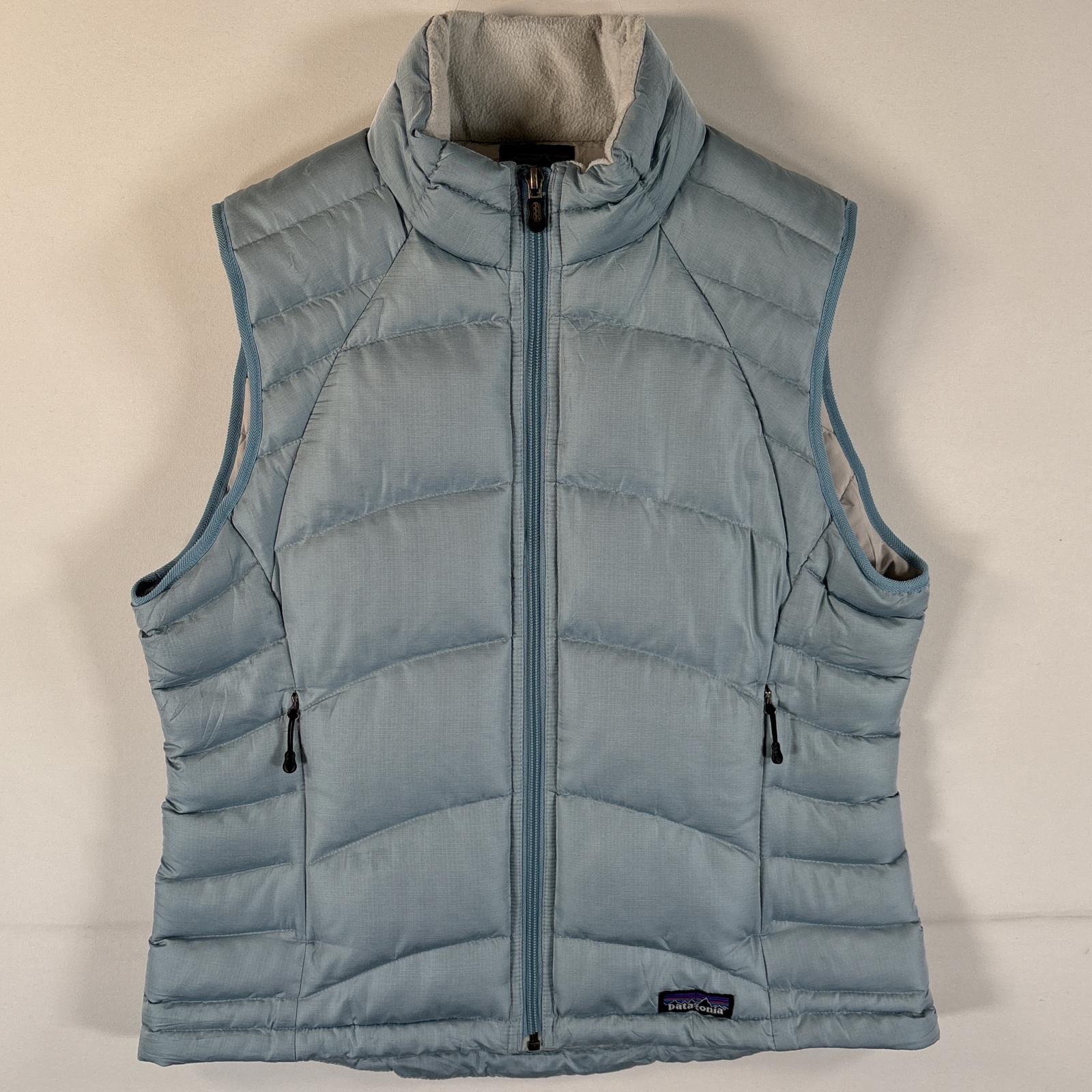 古着 ダウンベスト ワンポイントロゴ キルティング フルジップ アウトドア M 水色 レディース