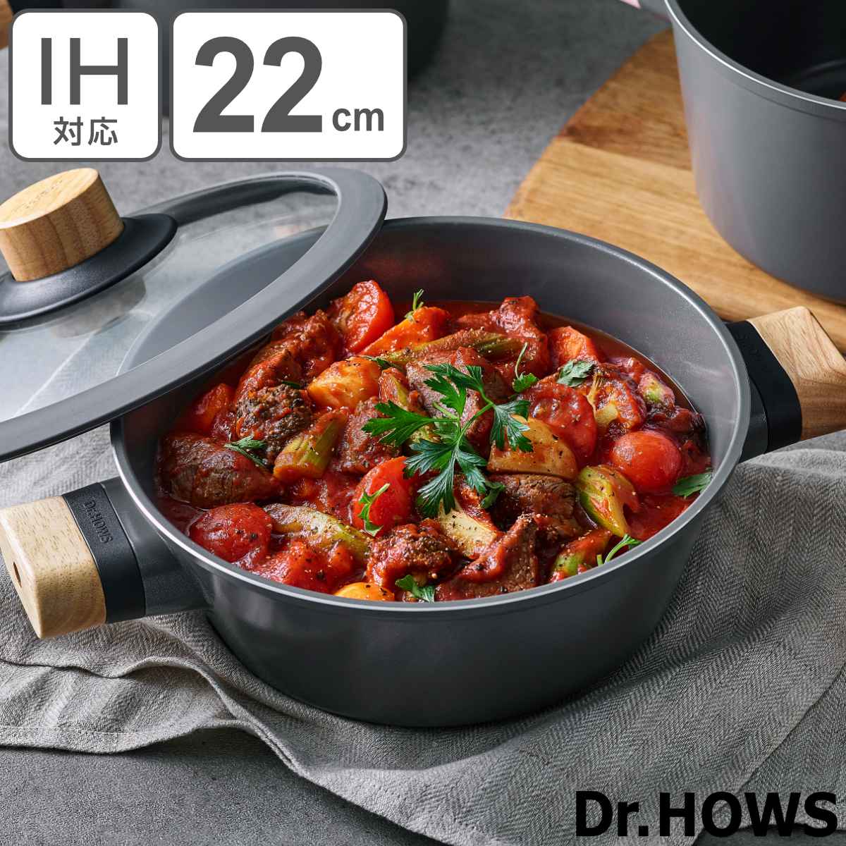 寄せ鍋 22cm IH対応 BOSQUE ドクターハウス Dr.HOWS ガス火対応 オール熱源対応 両手鍋 両手なべ セラミック加工 ガラス蓋 韓国 22センチ お鍋 おしゃれ
