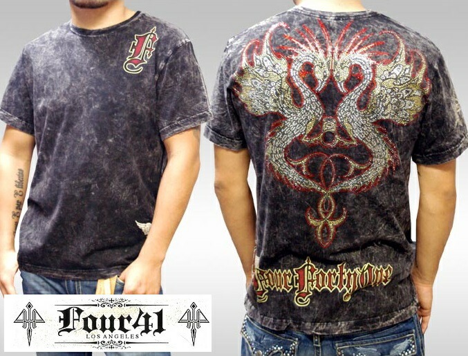 Four41 Los Angeles フォーフォーティーワン メンズ ラインストーン Tシャツ ゴールデンフェニックス ブラック k-87 スワロフスキー インポート セレブ ブランド ストリート L