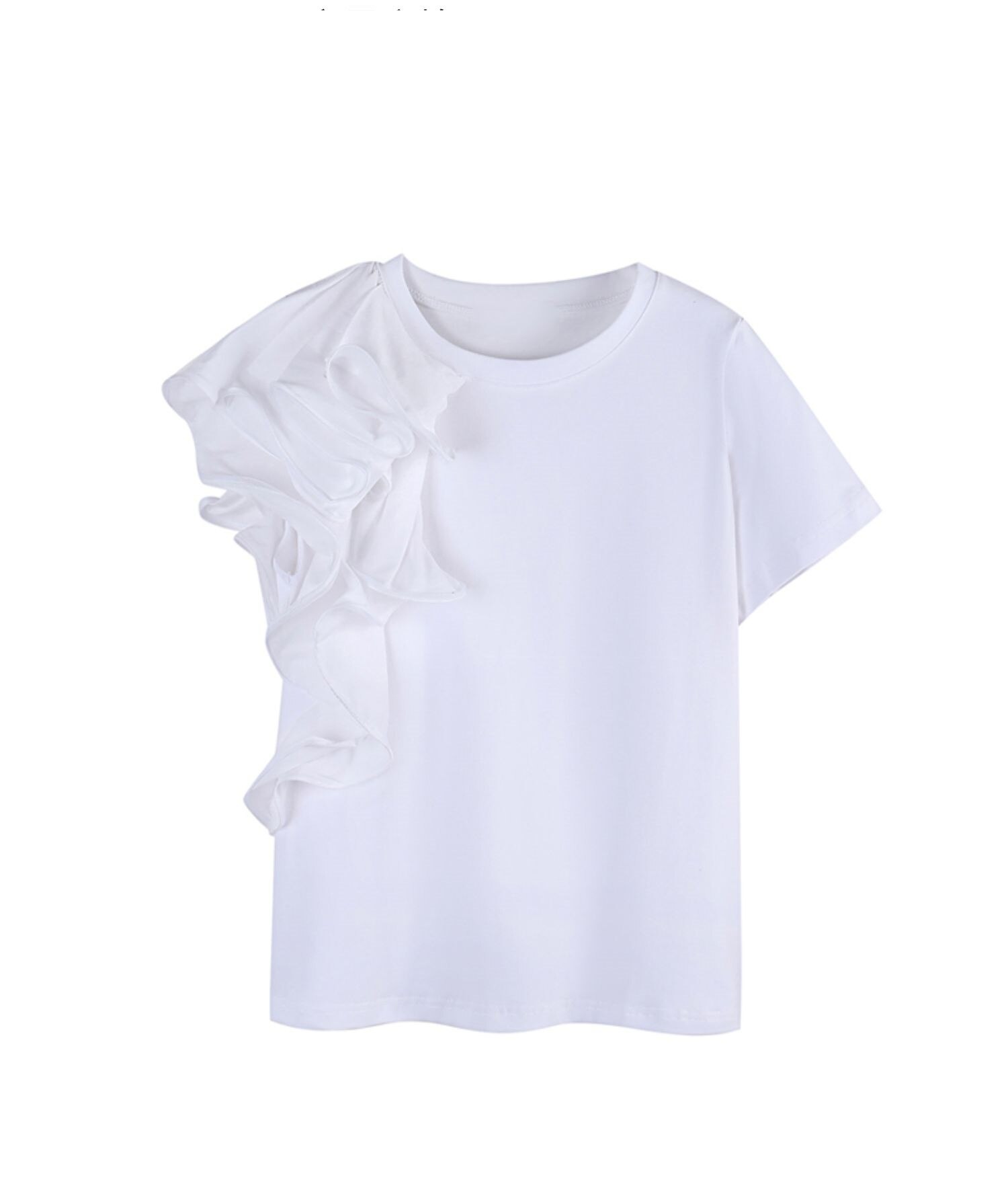 トップス レディース 半袖カットソー 白トップス ミディアム丈 袖あり 半袖 ラウンドネック アシメトリー フリル 無地 きれいめ カジュアル 個性的 普段使い デート 休日 ホワイト 韓国 モテ