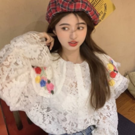 ビッグ襟＆レースブラウス トップス シャツ ブラウス 長袖 萌袖 襟付き ビックカラー レース