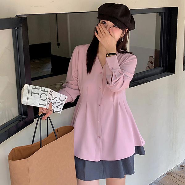 サイドにジッパー付き フロントボタン飾り 長袖 Ｖネック マットな質感の生地 レディース トップス