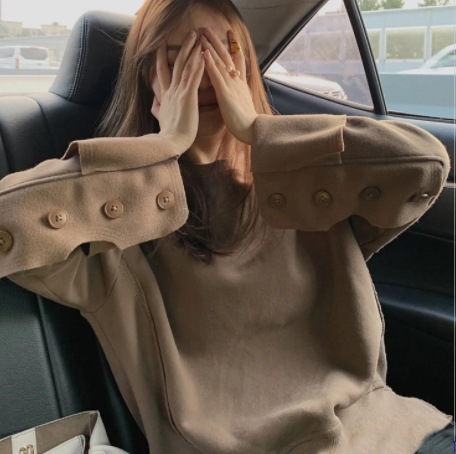 袖ボタンデザイントレーナー トップス トレーナー 長袖 ラウンドネック 伸縮性 異素材MIX