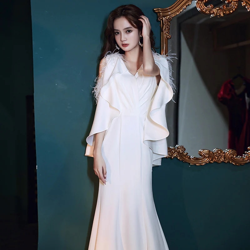 袖あり タイトワンピース ウエディングドレス ナイトドレス パーディードレス ピアノミモレドレス 結婚式 二次会 舞台用 披露宴 演奏会-950