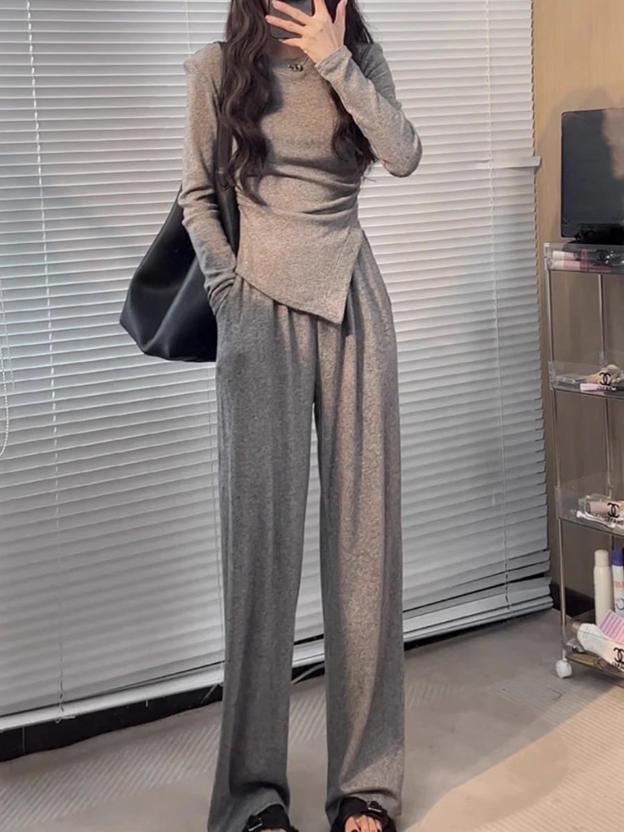 韓国 セットアップ カジュアル スポーツウェア イレギュラー トップス ワイドパンツ ツーピース