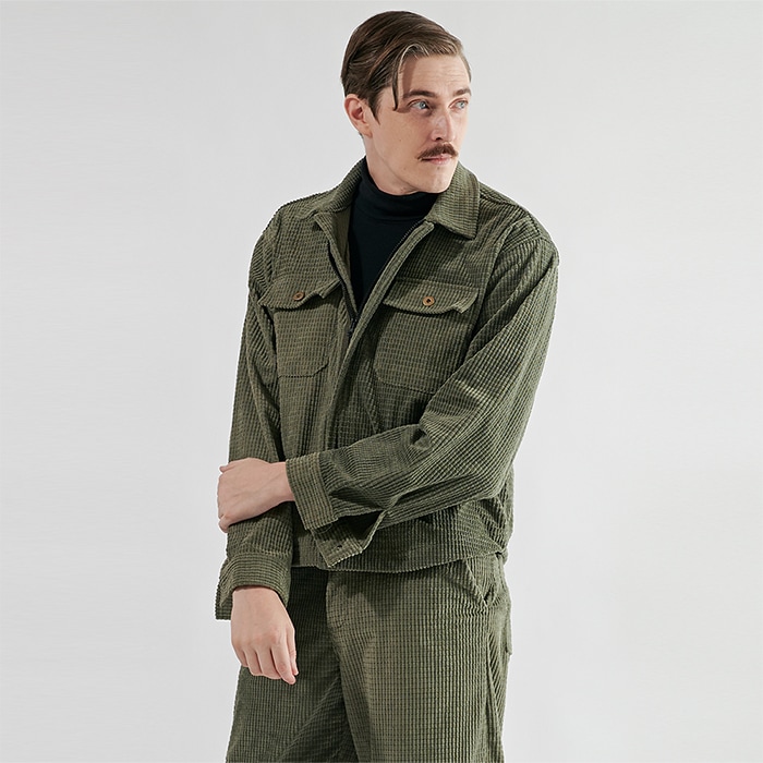 [送料無料]スミスアもーチェック コーデュロイ クロップ ジャケットカーキ