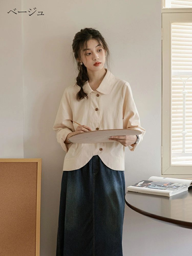 ショート丈 長袖 オフィス きれいめ 可愛い ショート丈シャツ ベージュ 長袖シャツ カジュアル 袖ギャザー ブルー シャツ 前開き 不規則 ブラウス 長袖ブラウス 春服 レディース カラ ス シャツ