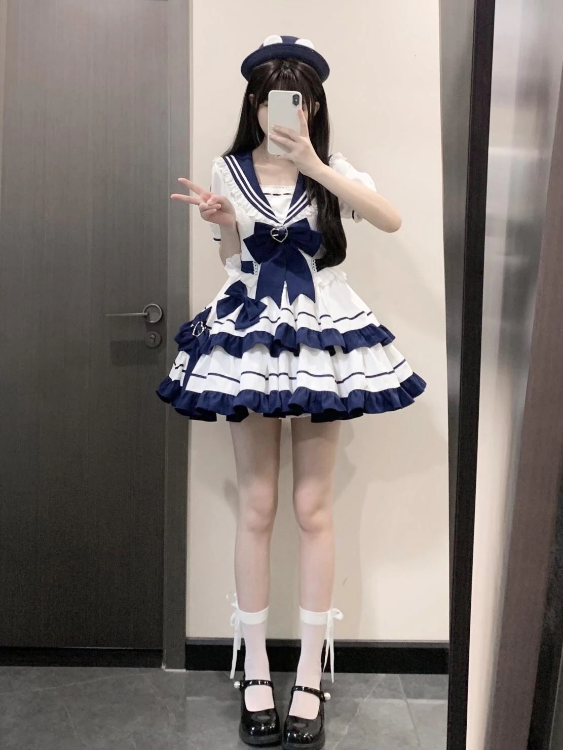 ロリータ コスプレ ネイビーネック カレッジスタイル パフィー ドレス