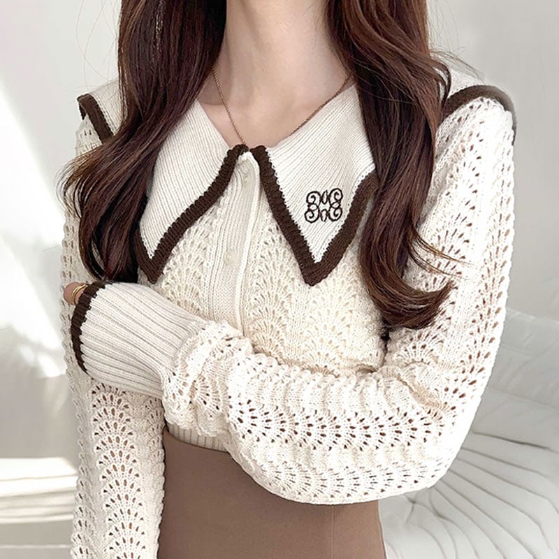 milybilet トップス ニット レディース ヴィンテージ調 配色 襟刺繍 柄編み ビッグ襟 ポロシャツ 長袖 コンパクト 高見え ショート丈 大きいサイズ