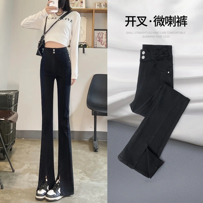 ブラックオープンジーンズ女性春秋冬秋と秋の新しいハイウエストのl薄いストレートはドラッグ地面マイクロフレアパンツを長くしました