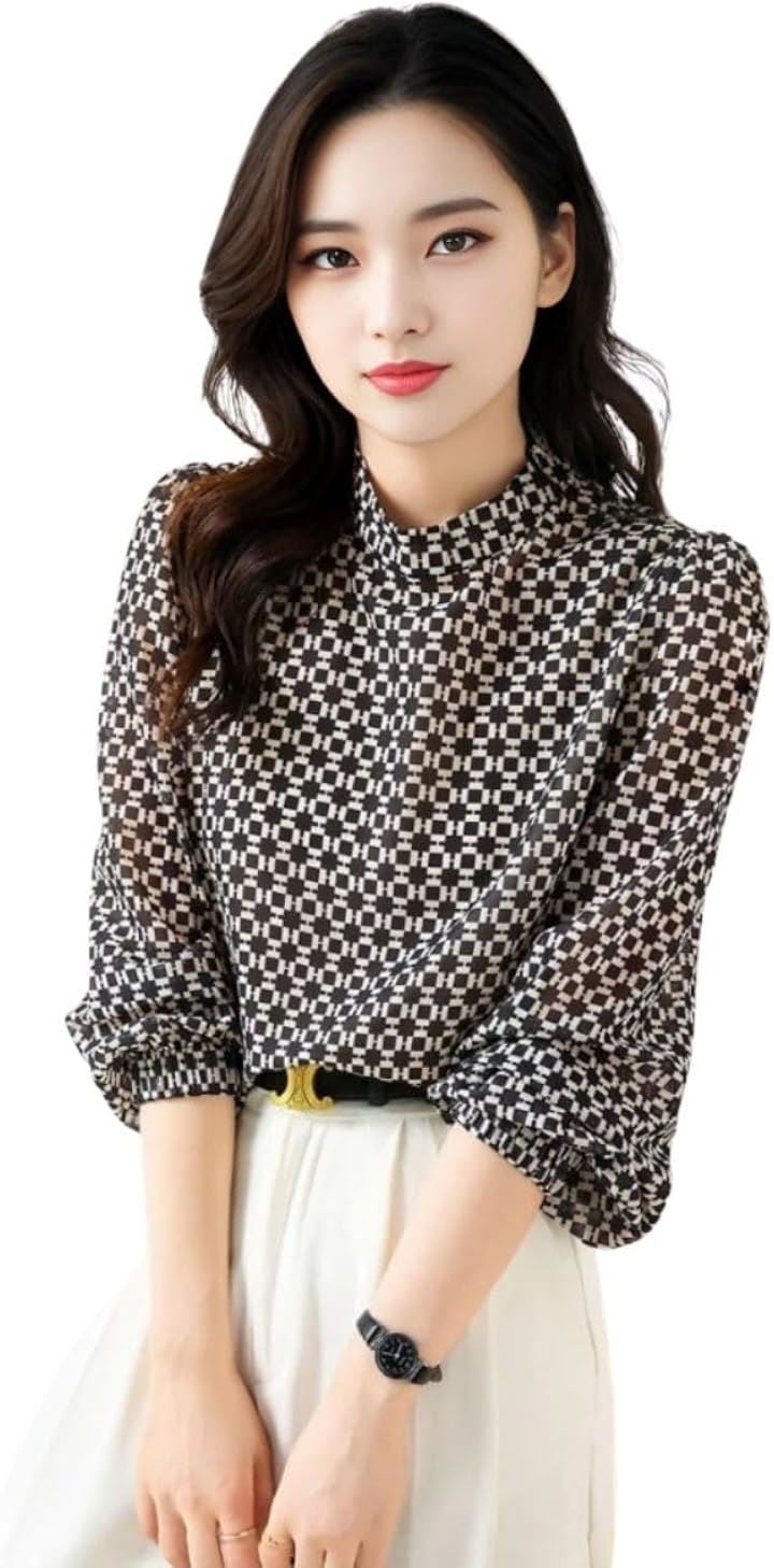 プリントブラウス レディース プルオーバー 長袖 パフスリーブ 幾何学柄 シアーシフォン スタンドカラー モノトーン 立襟 大人かわいい 韓国風 辛口 華やか(ブラック, 2XL)