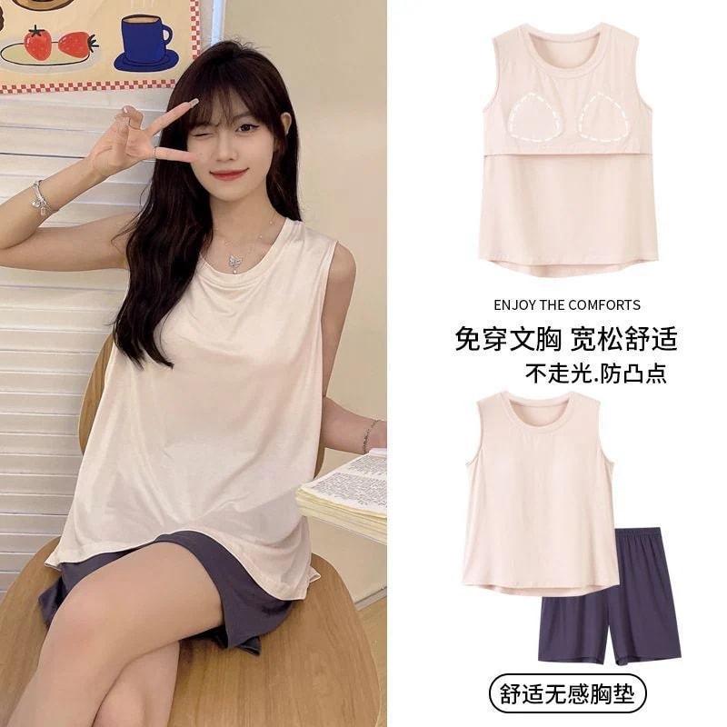 夏の準備！ノースリーブ パジャマ ウェアモダール夏涼感年新作無地胸パッド付き大きいサイズ家庭服セットレディース 韓国ファッション
