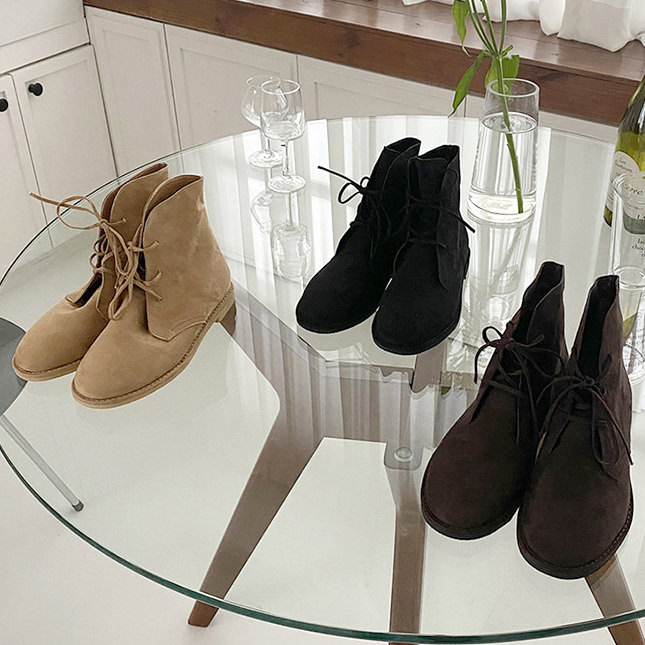 ショートブーツ ヌバック レースアップ フラット レディース