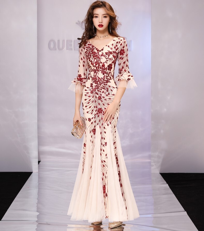 ワンピドレス ワンピース ロング マーメイド 7分袖 ベルスリーブ Vネック ハイウエス 刺繍