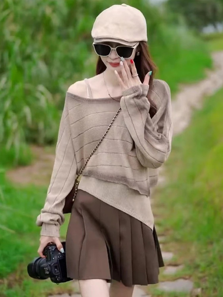 2set ＋キャミソール ニットTiktok セットアップ 人気 斜めデザイン 【妃】2way お勧め レディース 2024秋新品 ニット