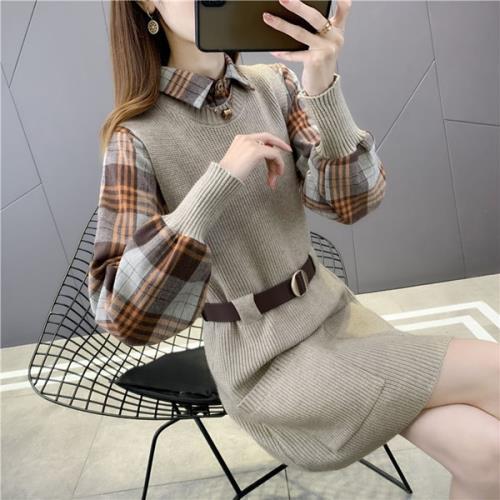 【急速出荷 2025年新作】セットアップ ツーピース 2点セット ニットワンピース シャツ 無地 チェック柄 襟付き 秋 冬 長袖 ノースリーブ ショート丈 リブニット おしゃれ 可愛い コンビ 量産
