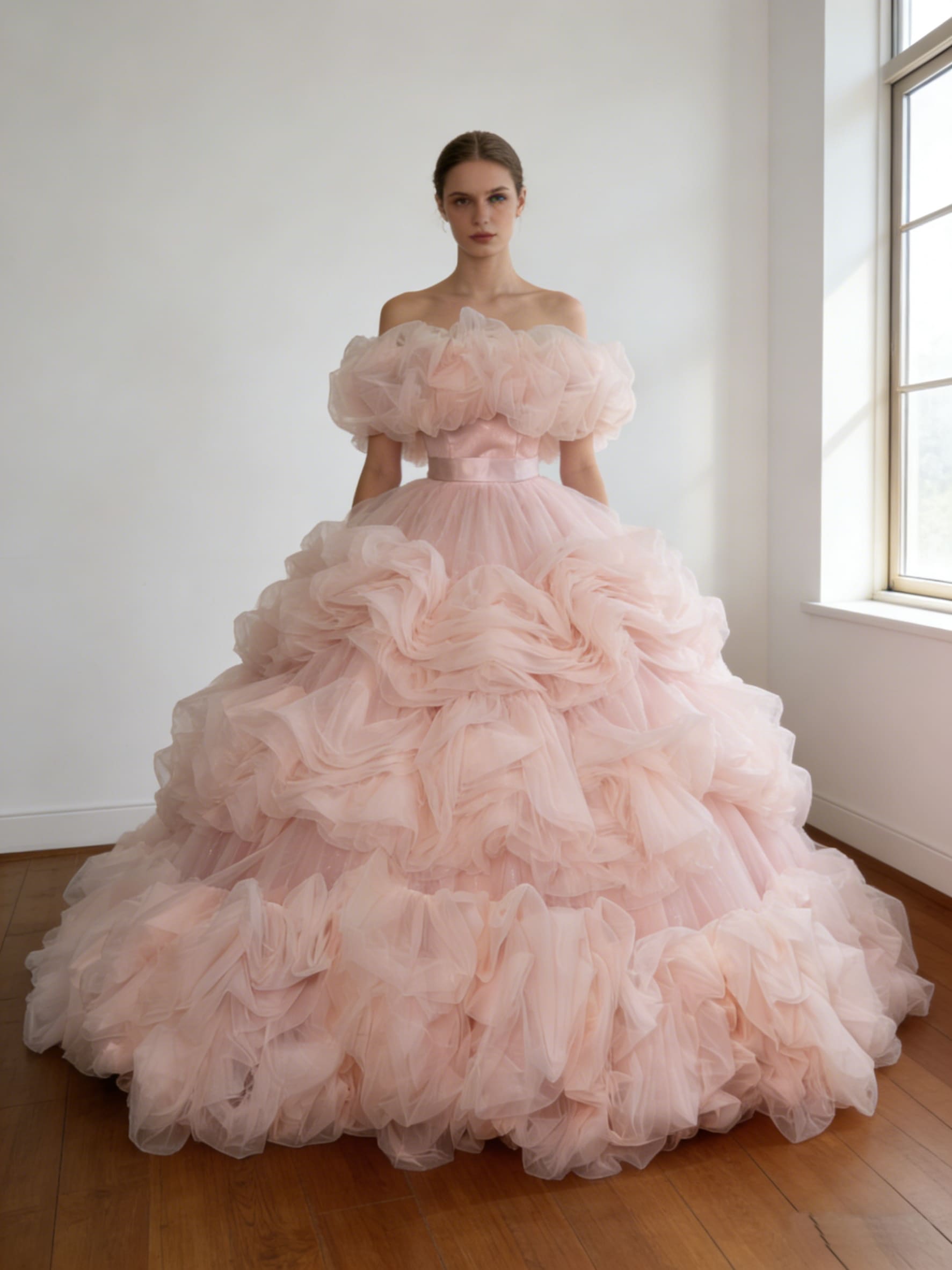 カラードレス ピンク 取り外し可能なオフショルダー ボリュームドレス シークインチュール ウェーブ 華やかなトレーン 結婚式