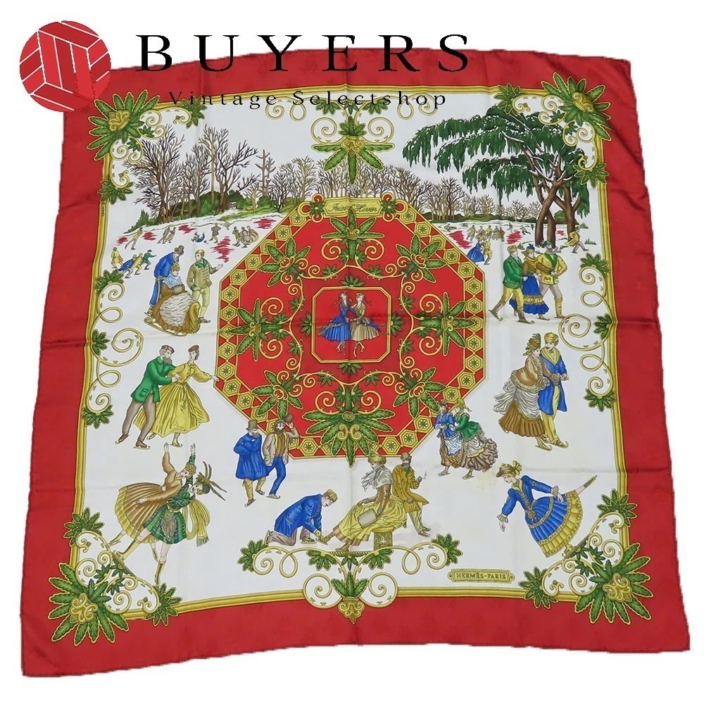 中古 スカーフ カレ90 Joies dHiver 冬の愉しみ シルク レッド アイボリー ゴールド 大判 おしゃれ レディース 女性