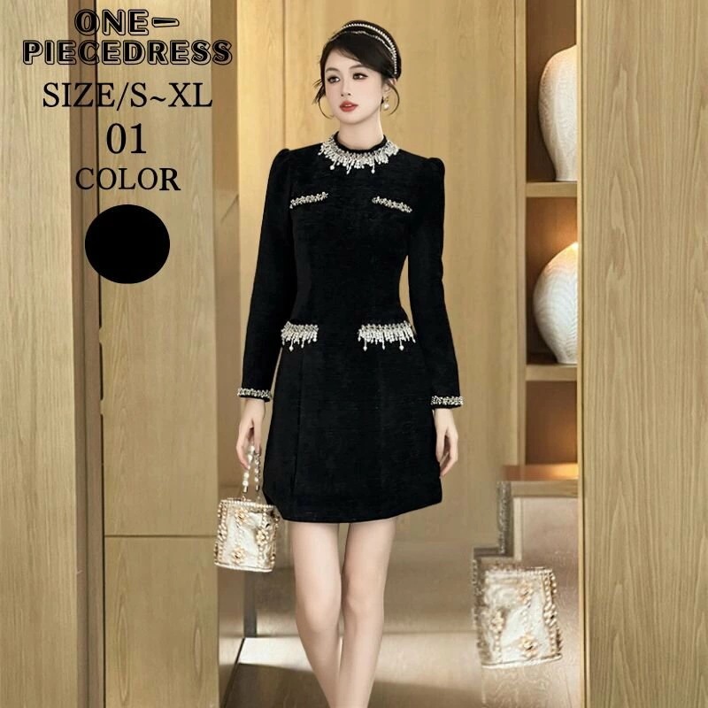 ツイード風タイトドレス　ワンピスドレス　ミニ丈　膝上丈　フォーマルドレス　パーティードレス　ライトドレス　姫系　長袖　セクシー上品 大人 きれいめ スナック パーティー　結婚式 ドレス 　ブラック　2