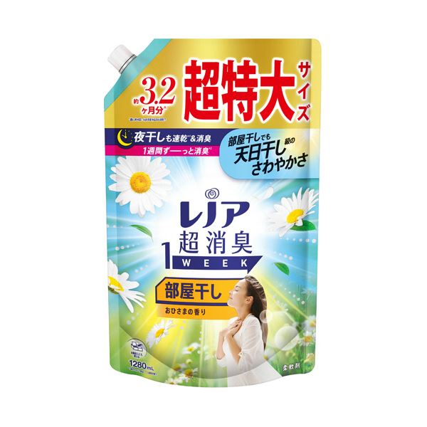 （まとめ） P＆Gレノア 超消臭1week 部屋干しおひさまの香り つめかえ用 超特大 1280mL 1個 [x5セット]