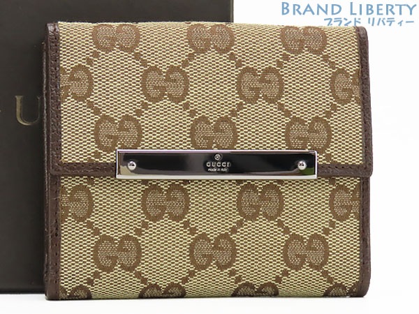 未使用グッチメタルバーGGキャンバスWホック財布二つ折り財布コンパクト財布ベージュダークブラウン112716